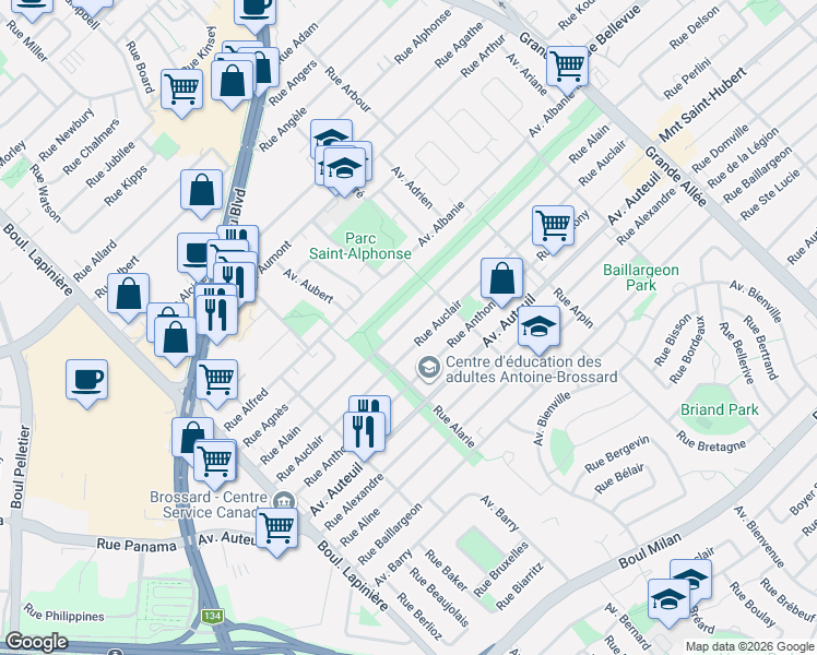 map of restaurants, bars, coffee shops, grocery stores, and more near 5850 Rue Alain in Brossard