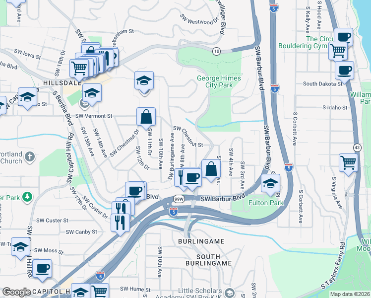 map of restaurants, bars, coffee shops, grocery stores, and more near 6938 Southwest 8th Avenue in Portland