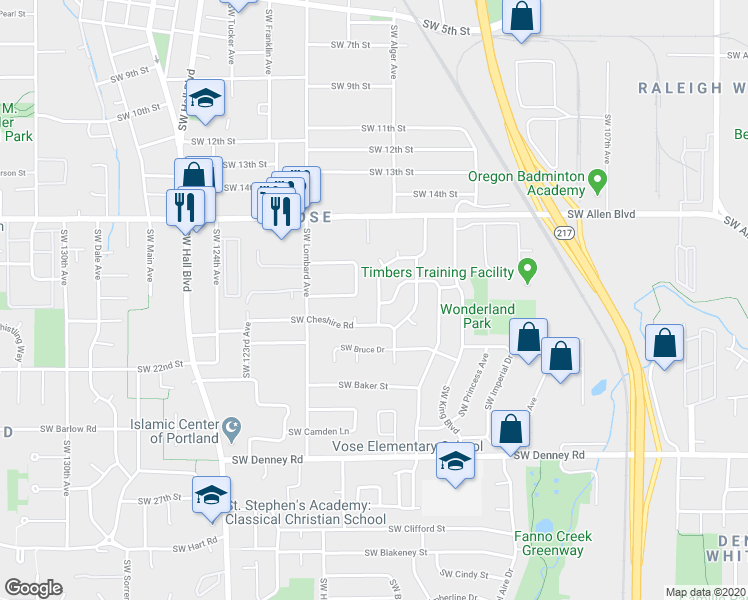 map of restaurants, bars, coffee shops, grocery stores, and more near 6375 Southwest Mad Hatter Lane in Beaverton