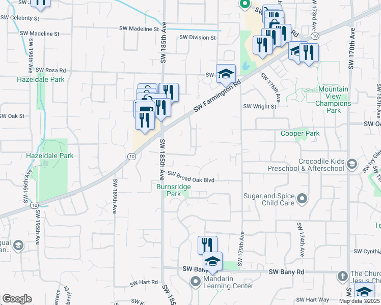 map of restaurants, bars, coffee shops, grocery stores, and more near 18335 Southwest Deloris Lane in Beaverton