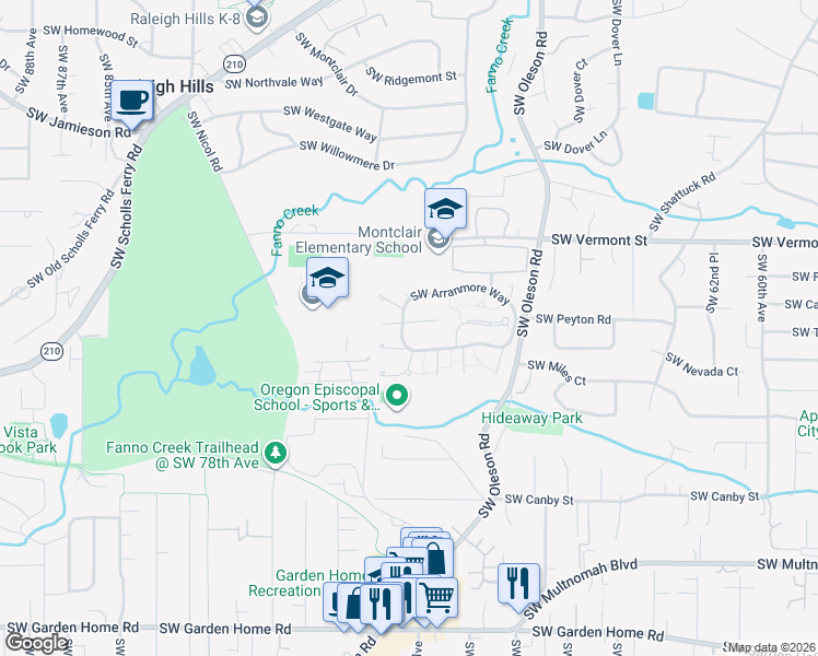 map of restaurants, bars, coffee shops, grocery stores, and more near 7360 Southwest Chapel Court in Portland