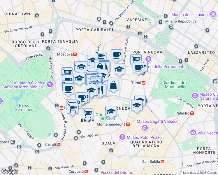 map of restaurants, bars, coffee shops, grocery stores, and more near 5 Via Cernaia in Milano