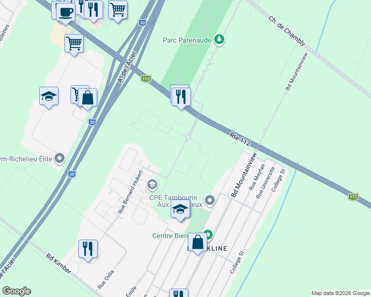 map of restaurants, bars, coffee shops, grocery stores, and more near 4320 Rue Bernard-Hubert in Longueuil