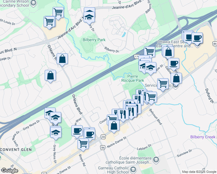 map of restaurants, bars, coffee shops, grocery stores, and more near 1242 Saint Jean Street in Ottawa