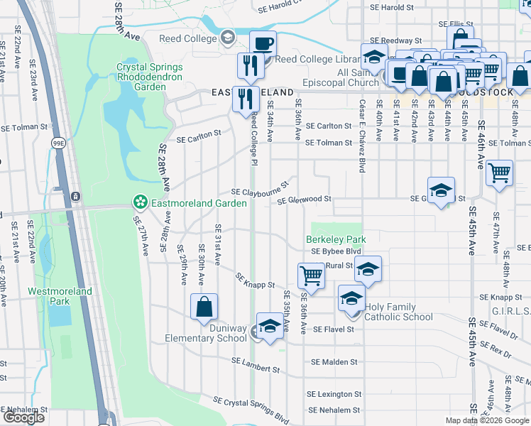 map of restaurants, bars, coffee shops, grocery stores, and more near 6721 Southeast 34th Avenue in Portland
