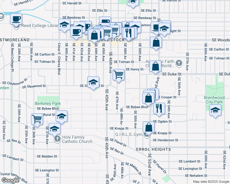map of restaurants, bars, coffee shops, grocery stores, and more near 6745 Southeast 47th Avenue in Portland