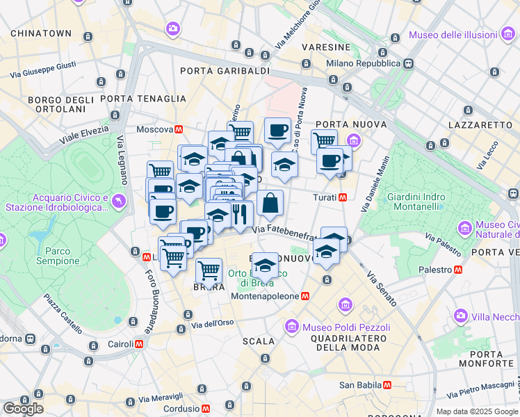 map of restaurants, bars, coffee shops, grocery stores, and more near 5 Via Cernaia in Milano