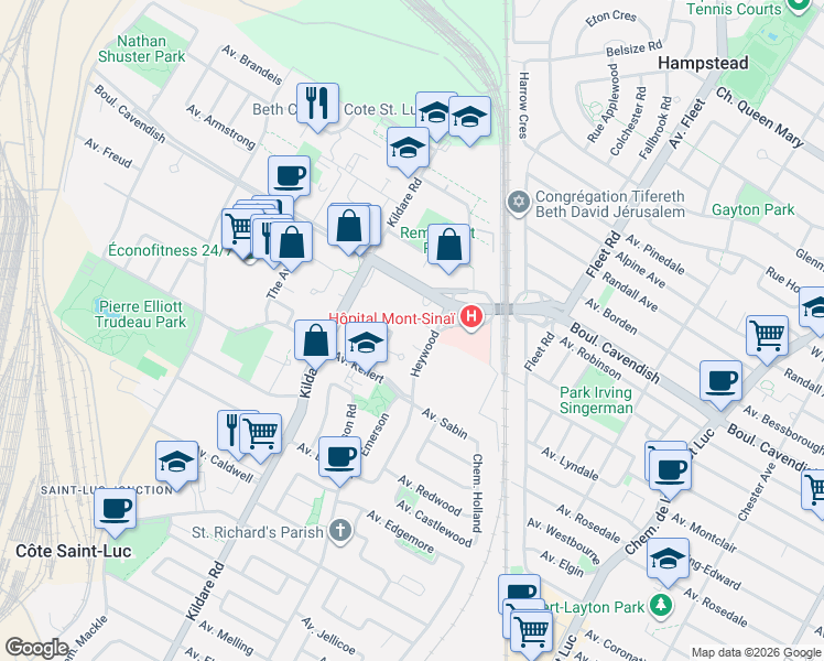 map of restaurants, bars, coffee shops, grocery stores, and more near 6803 Heywood in Côte Saint-Luc