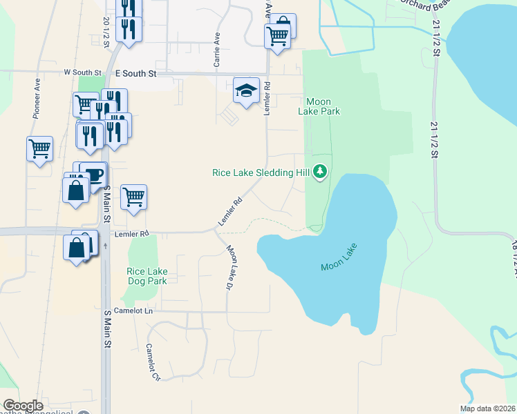 map of restaurants, bars, coffee shops, grocery stores, and more near in Rice Lake