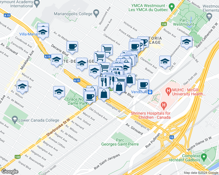 map of restaurants, bars, coffee shops, grocery stores, and more near 5325 Sherbrooke Street West in Montreal
