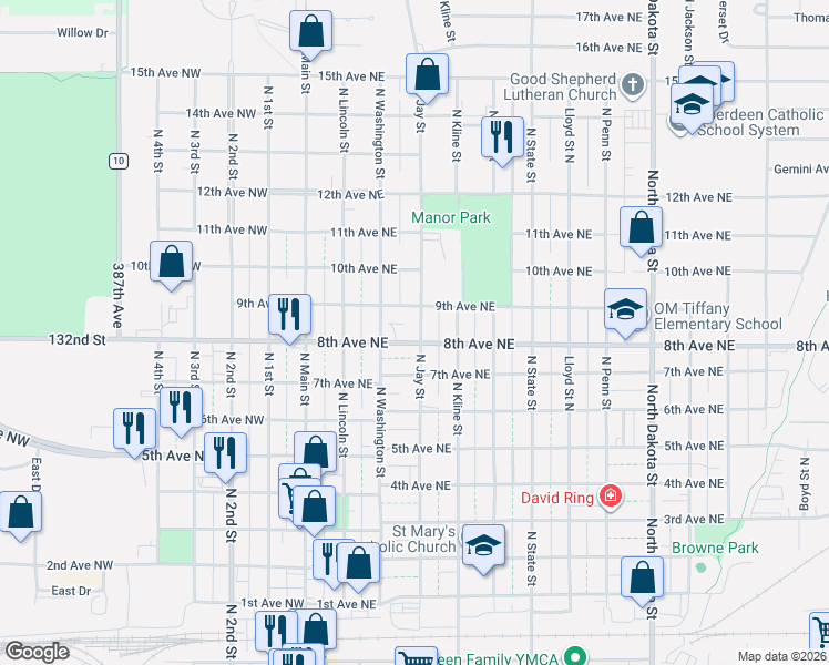 map of restaurants, bars, coffee shops, grocery stores, and more near 201-299 8th Ave NE in Aberdeen