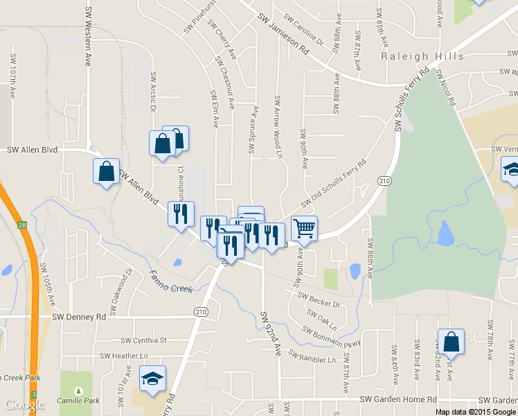 map of restaurants, bars, coffee shops, grocery stores, and more near 6350 Southwest Spruce Avenue in Beaverton