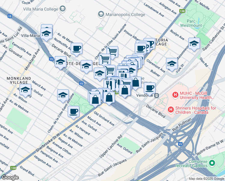 map of restaurants, bars, coffee shops, grocery stores, and more near 3411 Avenue Prud'homme in Montréal