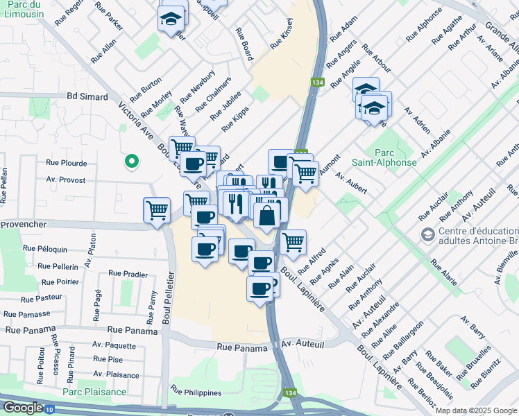 map of restaurants, bars, coffee shops, grocery stores, and more near 1615 Rue Alcide in Brossard