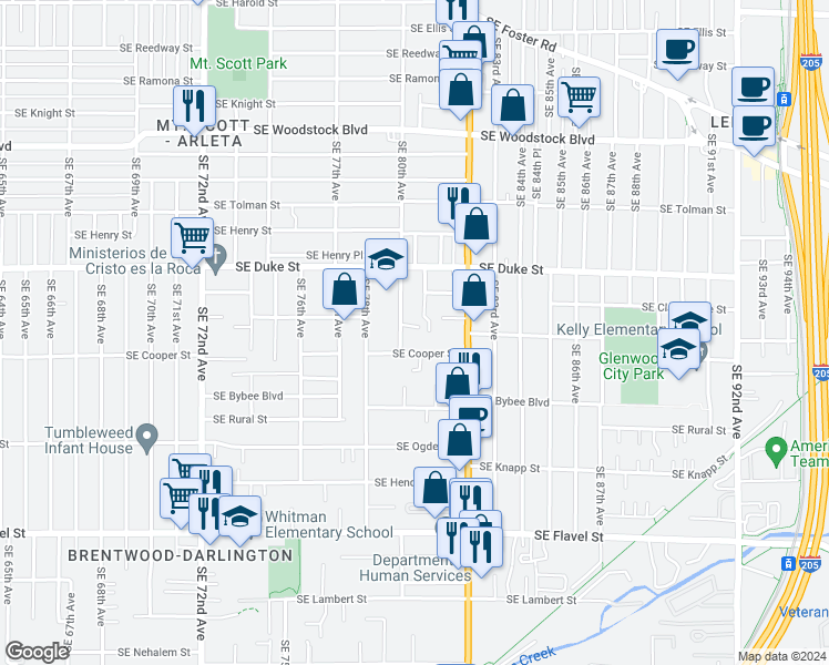 map of restaurants, bars, coffee shops, grocery stores, and more near 6732 Southeast 80th Avenue in Portland