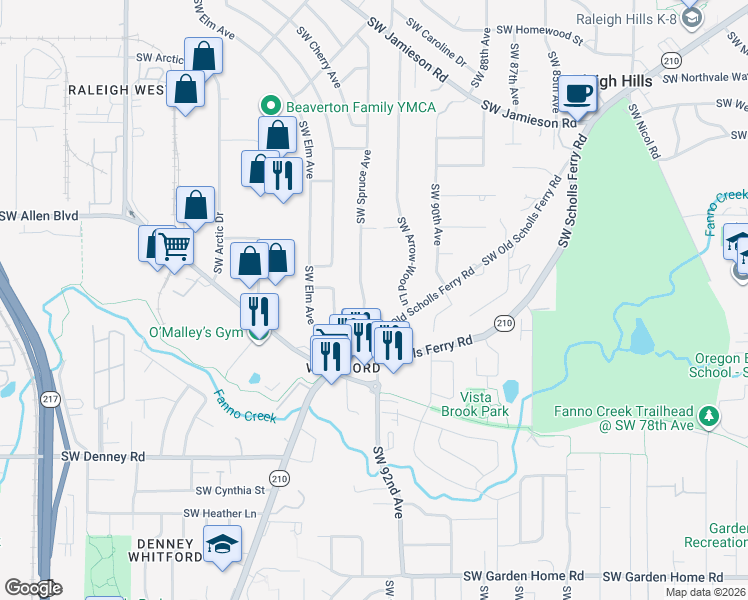 map of restaurants, bars, coffee shops, grocery stores, and more near 6350 Southwest Spruce Avenue in Beaverton