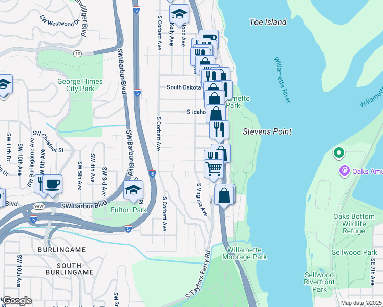 map of restaurants, bars, coffee shops, grocery stores, and more near 6915 South Virginia Avenue in Portland