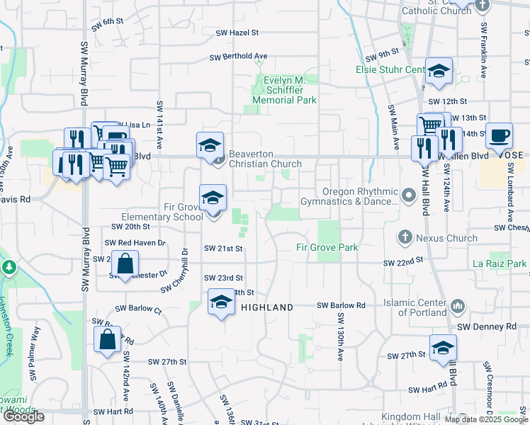 map of restaurants, bars, coffee shops, grocery stores, and more near 6341 Southwest Valley Avenue in Beaverton