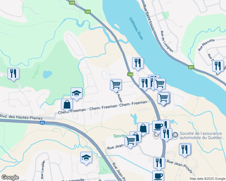 map of restaurants, bars, coffee shops, grocery stores, and more near in Gatineau