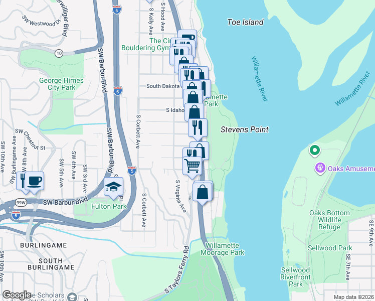 map of restaurants, bars, coffee shops, grocery stores, and more near 604 South California Street in Portland