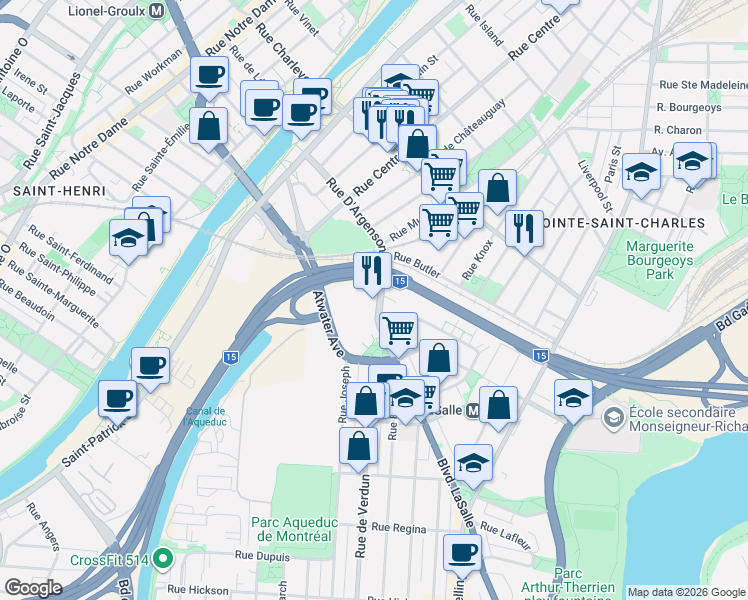 map of restaurants, bars, coffee shops, grocery stores, and more near 3045 Boulevard LaSalle in Montréal