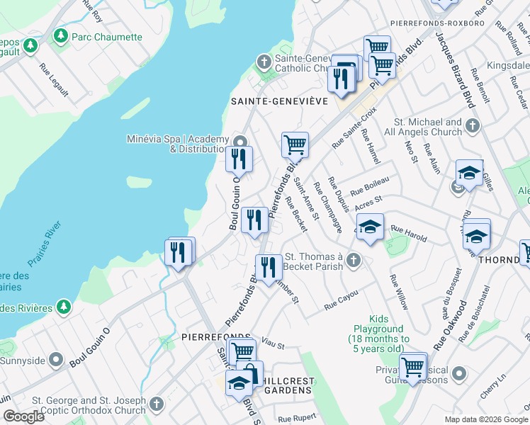 map of restaurants, bars, coffee shops, grocery stores, and more near 16641 Pierrefonds Boulevard in Montreal