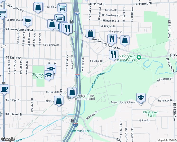 map of restaurants, bars, coffee shops, grocery stores, and more near 6641 Southeast 97th Avenue in Portland