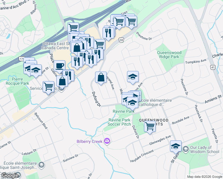 map of restaurants, bars, coffee shops, grocery stores, and more near 1392 Chartrand Avenue in Ottawa