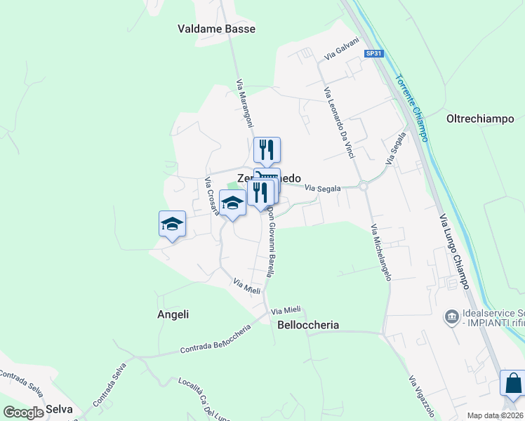 map of restaurants, bars, coffee shops, grocery stores, and more near 2 Via Antonio Salieri in Zermeghedo