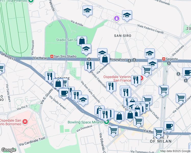 map of restaurants, bars, coffee shops, grocery stores, and more near 79 Via Alfonso Capecelatro in Milan