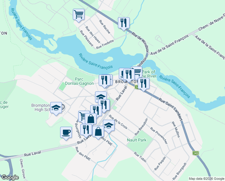 map of restaurants, bars, coffee shops, grocery stores, and more near 72 Rue du Curé-LaRocque in Sherbrooke