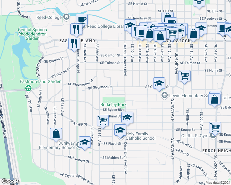map of restaurants, bars, coffee shops, grocery stores, and more near 3717 South East Cooper Street in Portland