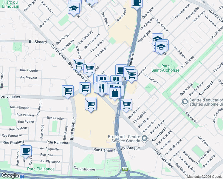 map of restaurants, bars, coffee shops, grocery stores, and more near 1617 Rue Alcide in Brossard