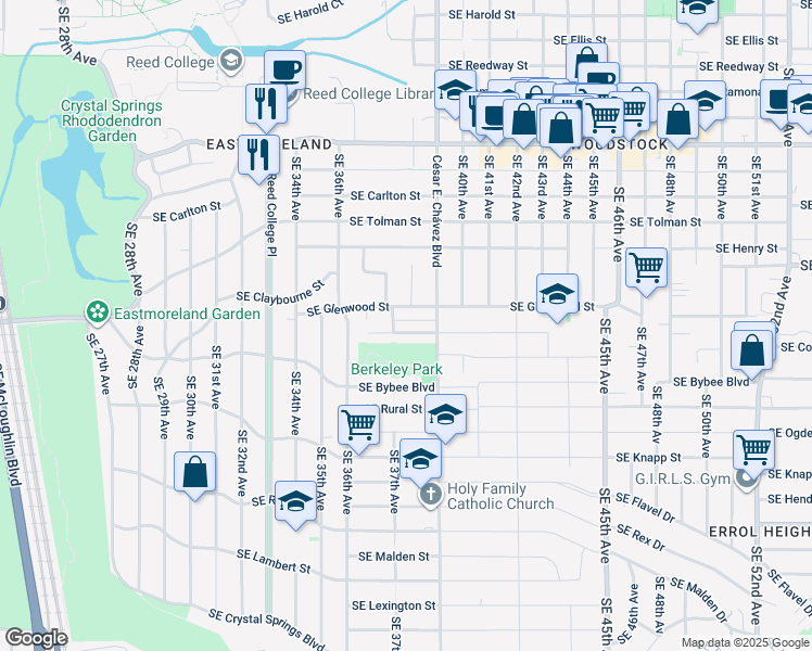 map of restaurants, bars, coffee shops, grocery stores, and more near 3717 South East Cooper Street in Portland