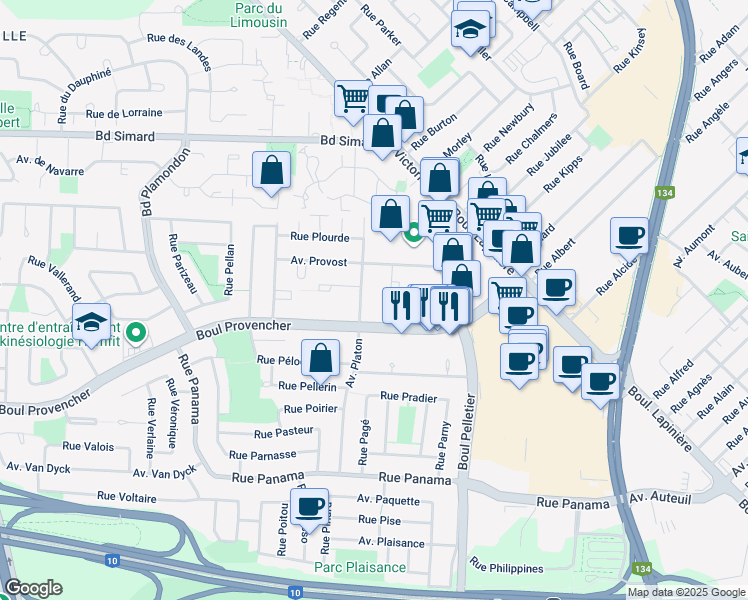 map of restaurants, bars, coffee shops, grocery stores, and more near 5505 Avenue Platon in Brossard