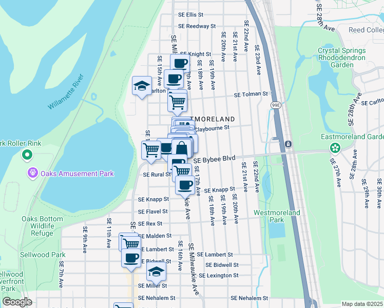 map of restaurants, bars, coffee shops, grocery stores, and more near 6905 Southeast 17th Avenue in Portland