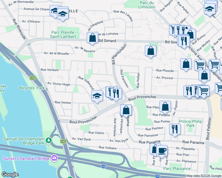 map of restaurants, bars, coffee shops, grocery stores, and more near 831 Avenue Ponsard in Brossard