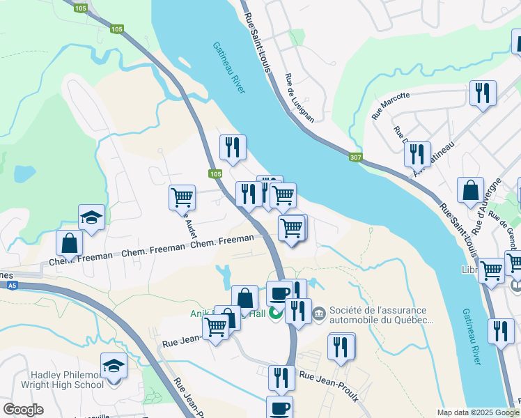 map of restaurants, bars, coffee shops, grocery stores, and more near 4 Rue du Havre in Gatineau