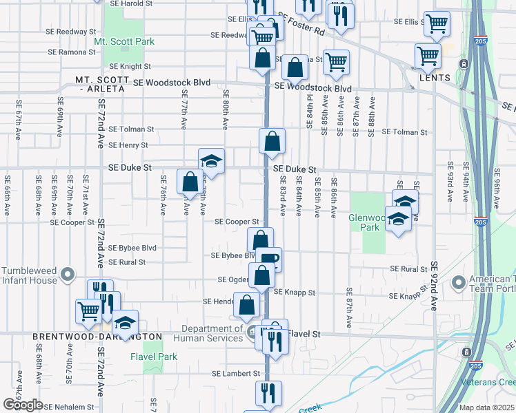 map of restaurants, bars, coffee shops, grocery stores, and more near 6719-6731 Southeast 82nd Avenue in Portland