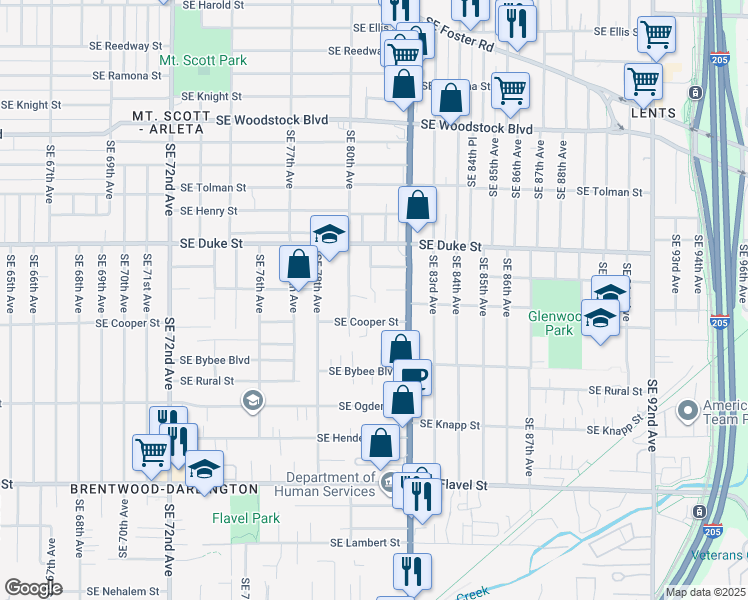 map of restaurants, bars, coffee shops, grocery stores, and more near 6731 Southeast 82nd Avenue in Portland