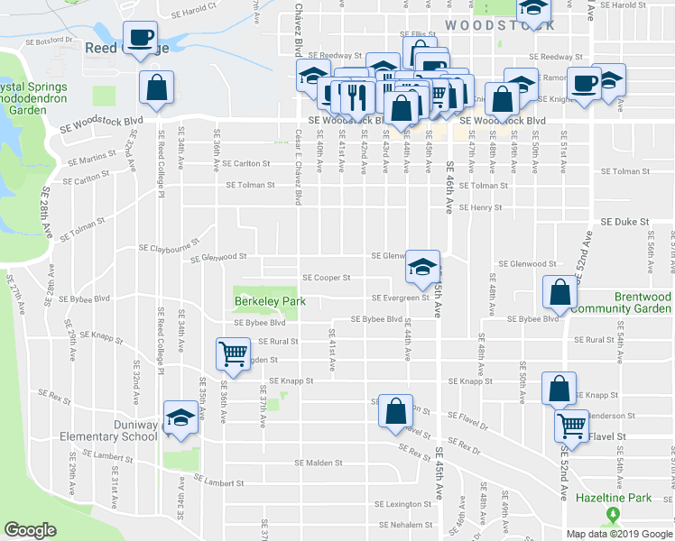 map of restaurants, bars, coffee shops, grocery stores, and more near 4115 South East Cooper Street in Portland