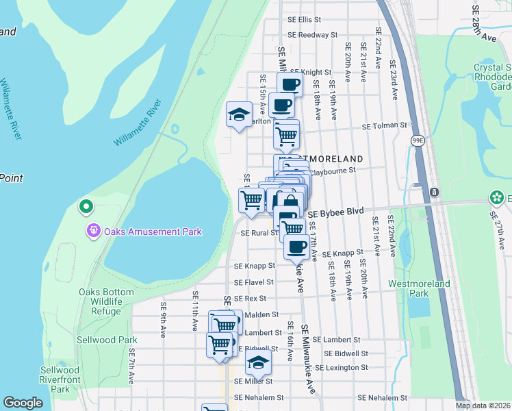 map of restaurants, bars, coffee shops, grocery stores, and more near 6723 Southeast 16th Avenue in Portland