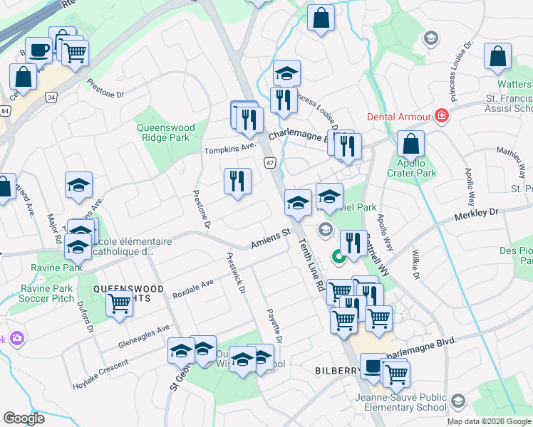map of restaurants, bars, coffee shops, grocery stores, and more near 396 Hatfield Crescent in Ottawa