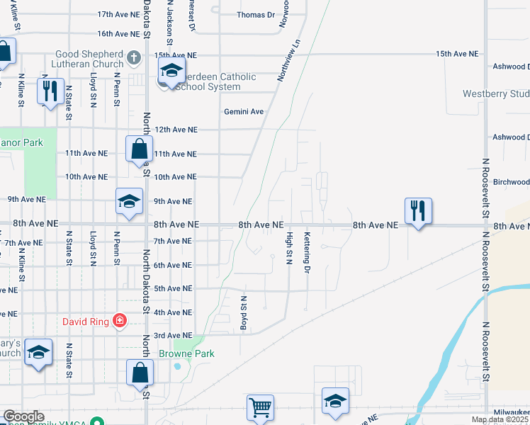 map of restaurants, bars, coffee shops, grocery stores, and more near 813 North High Street in Aberdeen