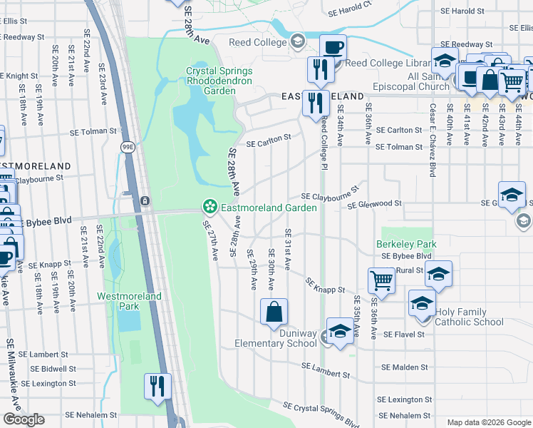 map of restaurants, bars, coffee shops, grocery stores, and more near 2937 Southeast Claybourne Street in Portland