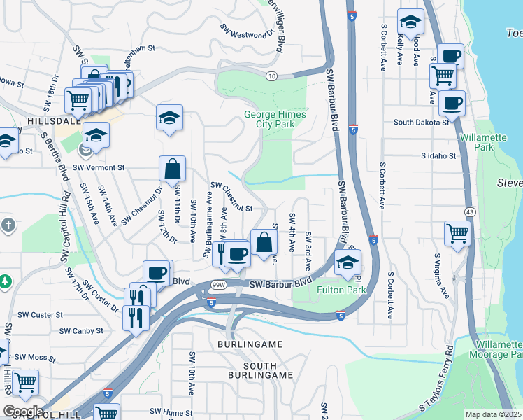 map of restaurants, bars, coffee shops, grocery stores, and more near 4124 Southwest 6th Avenue in Portland