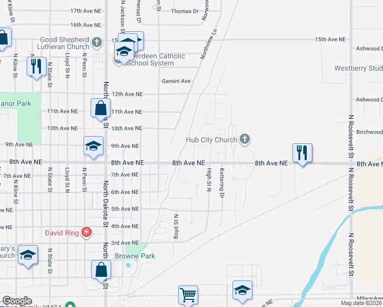 map of restaurants, bars, coffee shops, grocery stores, and more near 813 N High St in Aberdeen