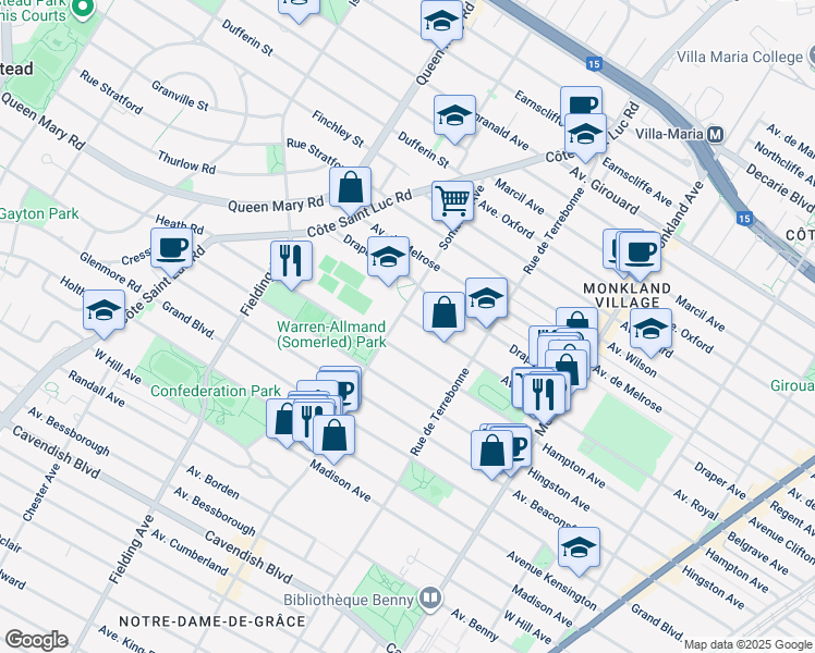 map of restaurants, bars, coffee shops, grocery stores, and more near 4644 Avenue Royal in Montréal