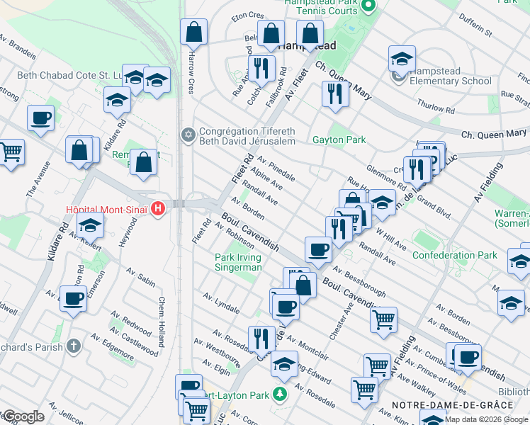 map of restaurants, bars, coffee shops, grocery stores, and more near 5563 Avenue Borden in Côte Saint-Luc