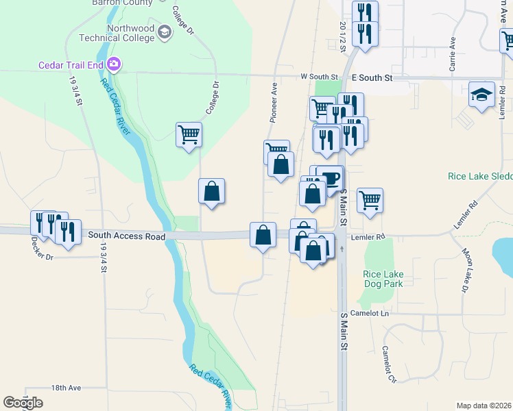 map of restaurants, bars, coffee shops, grocery stores, and more near 101-199 Pioneer Place in Rice Lake